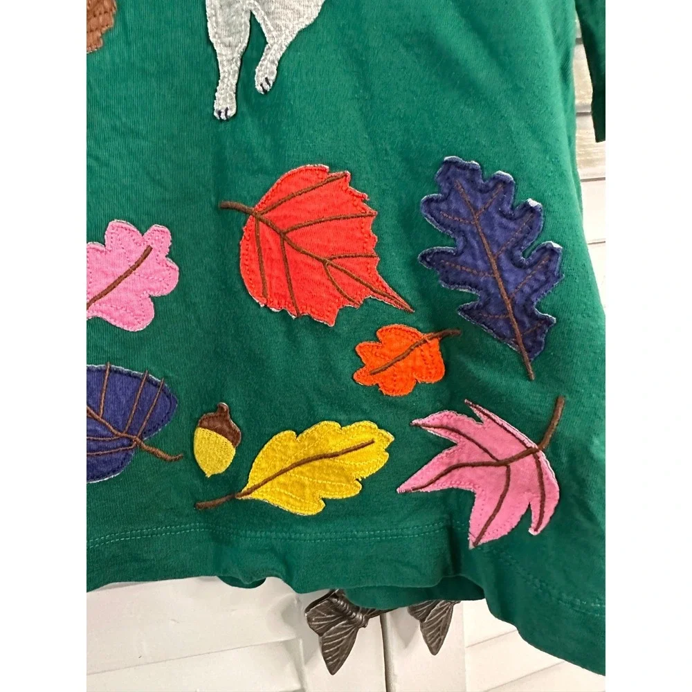 Mini Boden Size 7-8 Green Fall Autumn Forest Animals Applique Long Sleeve Dress